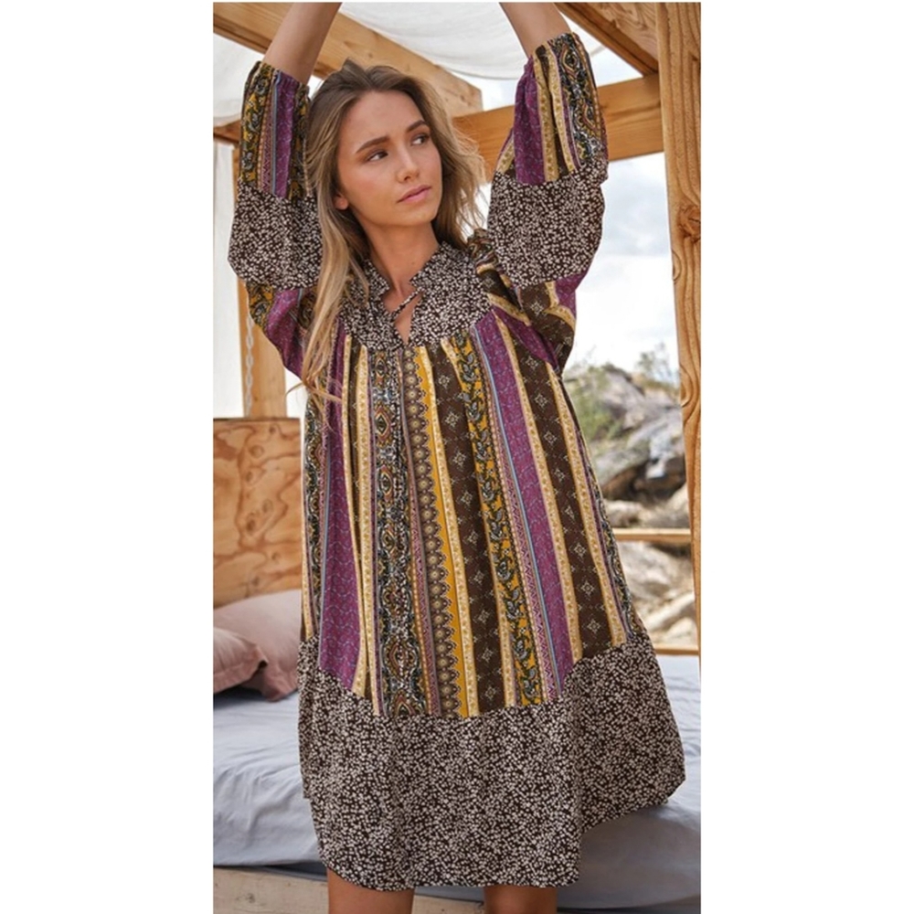 Purple brown boho multi print patchwork long balloon sleeve self tie tunic dress